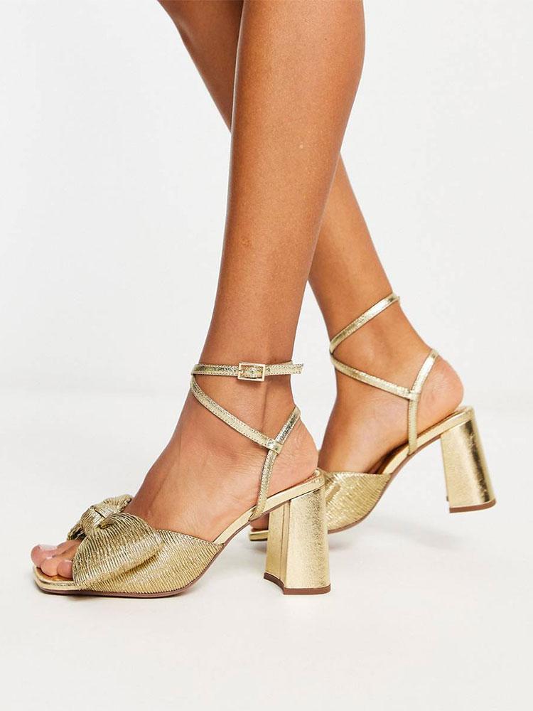 Metallic Pleated Bow Square Toe Chunky Heeled Sandals With Buckle Ankle Wrap Strap