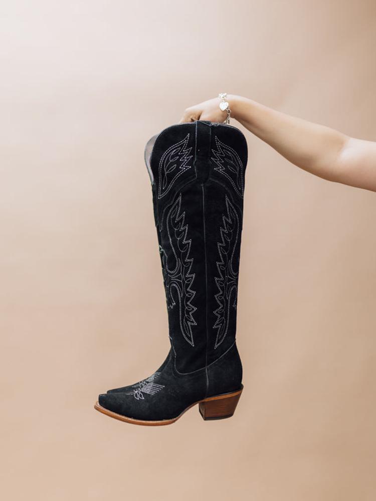 Black Faux Suede Eagle Embroidered Snip Zipper Mid Calf Cowgirl Boots