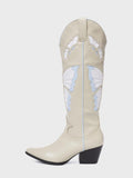 Contrast Butterfly Wing Inlay Stitch Pointed Toe Wide Mid Calf Cowgirl Tall Boots