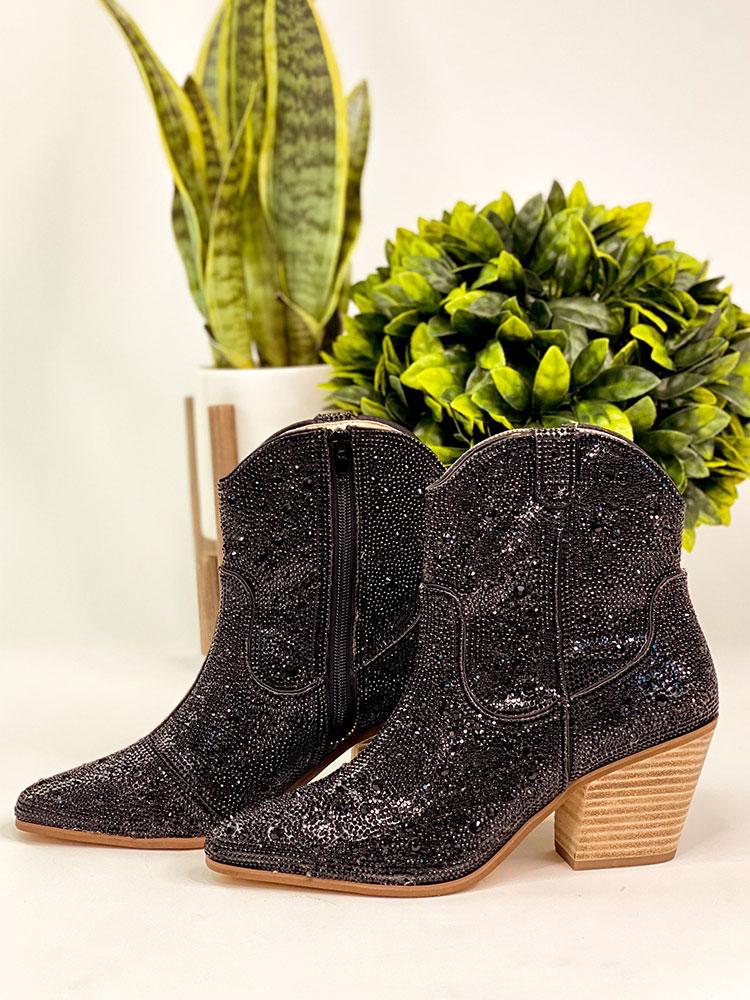 Black Rhinestone Cowgirl Ankle Boots Block Heeled Western Booties