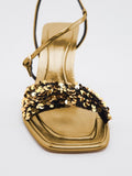 Metallic Gold Sequins Sandals For Wide Feet Instep Strap Square Toe Heels