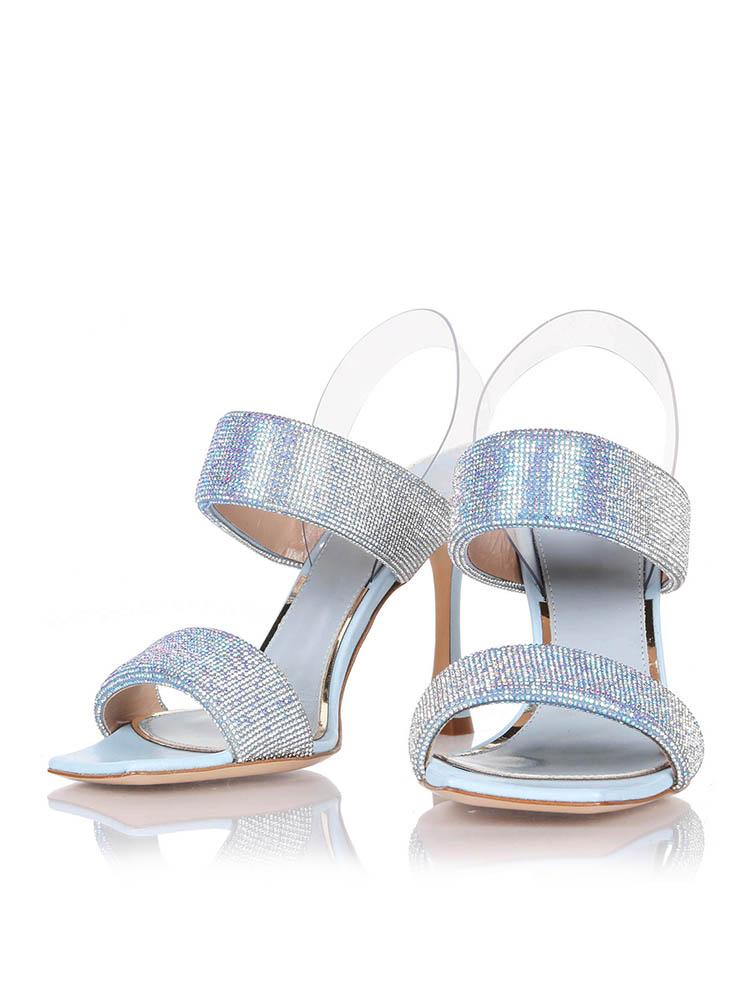 Iridescent Sparkly Rhinestone Square Flared Heeled Sandals Slingbacks With Clear Back Strap