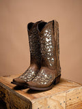 Filigree Cutout Embroidered Sparkling Inlay Stud Snip Wide Mid Calf Cowgirl Genuine Leather Boots