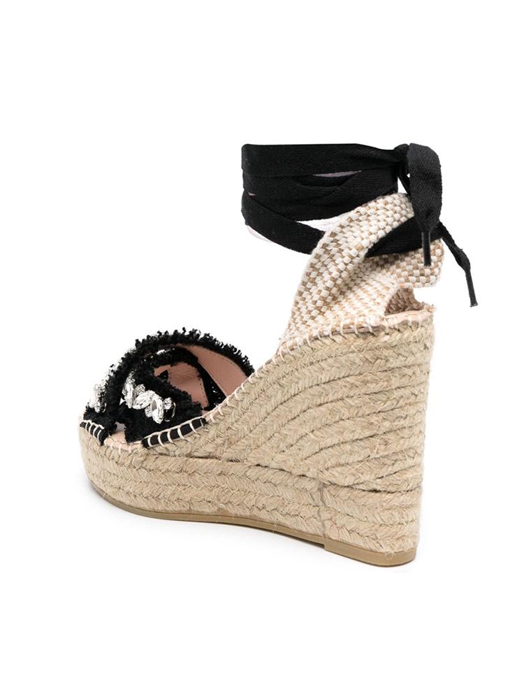 Black Coss Bands With Rhinestones Open-toe Espadrille Wedge Sandals With Self-tie