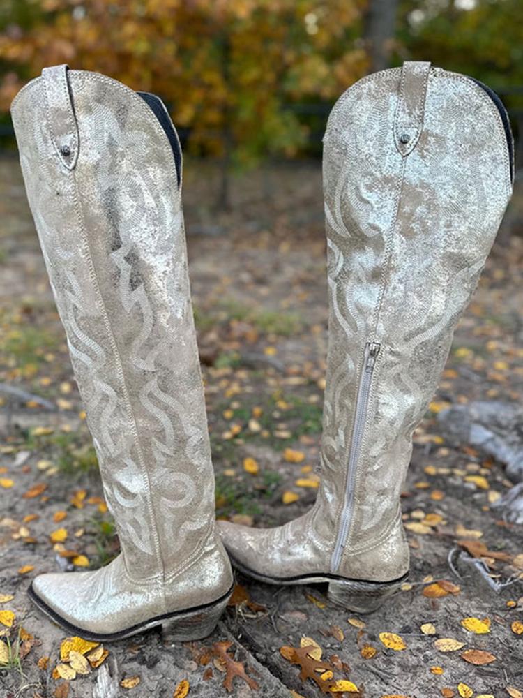 Metallic Silver Embroidered Pointy Zipper Knee High Western Boots