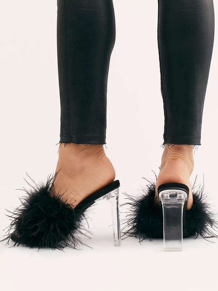 Fluffy Feather Round Toe Backless Slip-On Clear Heeled Sandals In Black Lilac Nude