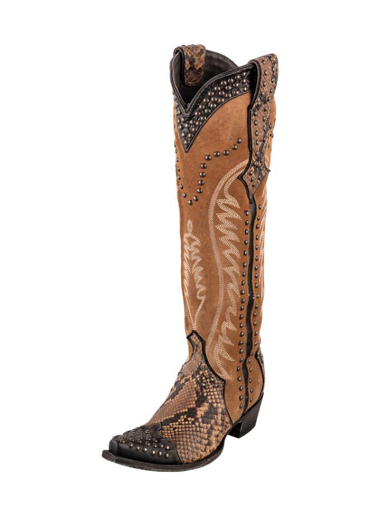 Contrast Tawny Black Snakeskin Faux Suede Stud Stitch Knee High Cowgirl Boots With Zip Snip Toe