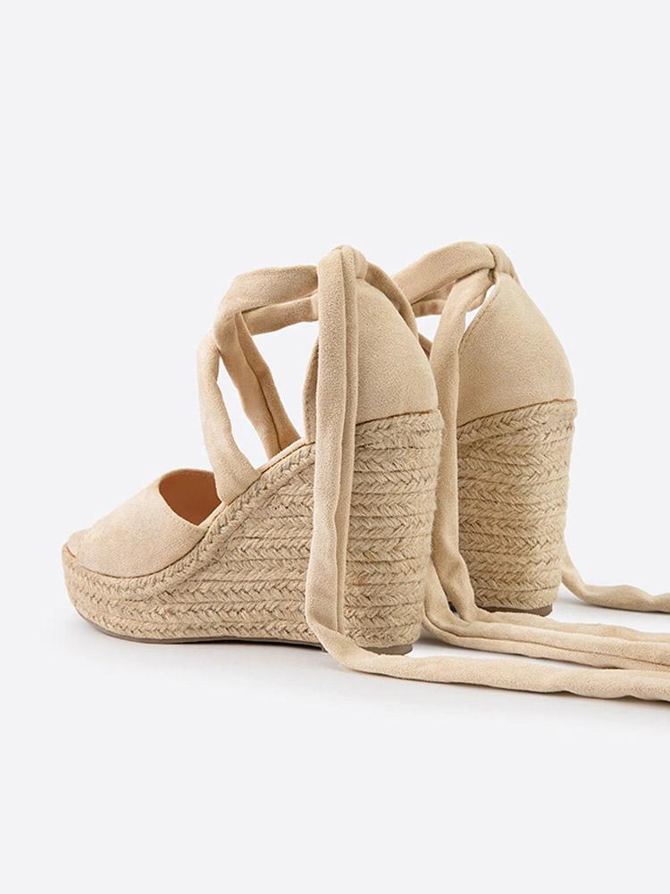 Cloth Single Band Open-toe Ankle Wrap Espadrille Wedge Sandals With Self-tie