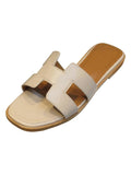 Vegan Leather Square-toe Single Band Slip-on Flat Sandals For Women