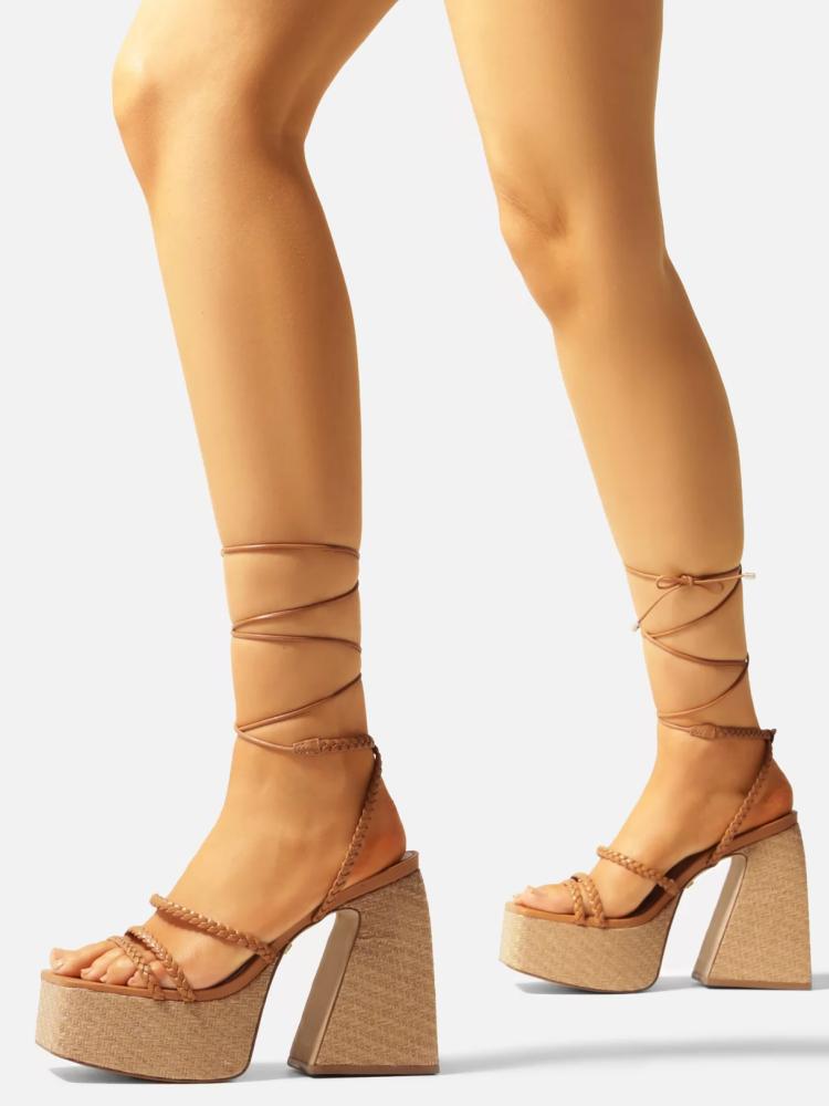 Braided Lace-Up Square Toe Platform Chunky Flared Heel Gladiator Sandals