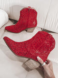 Red Rhinestone Cowgirl Ankle Boots Block Heeled Western Booties