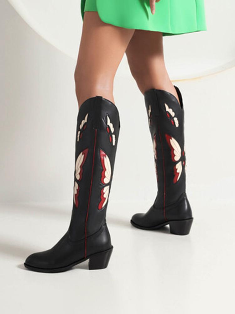 Butterfly Embroidery Pointed-toe Chunky Heels Wide Slip-on Knee High Cowgirl Boots