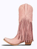 Light Pink Winged Heart Pattern Fringe Snip Western Mid Calf Boots