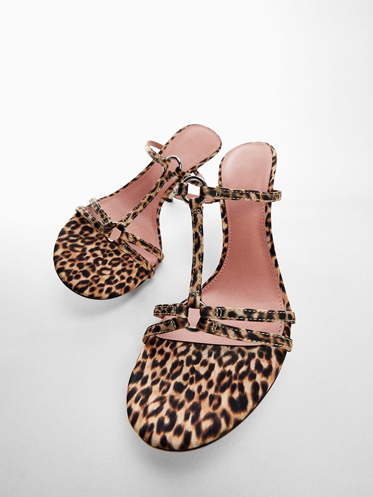 Leopard Print T-Strap Ring Backless Slip-On Round Flared Heeled Sandals