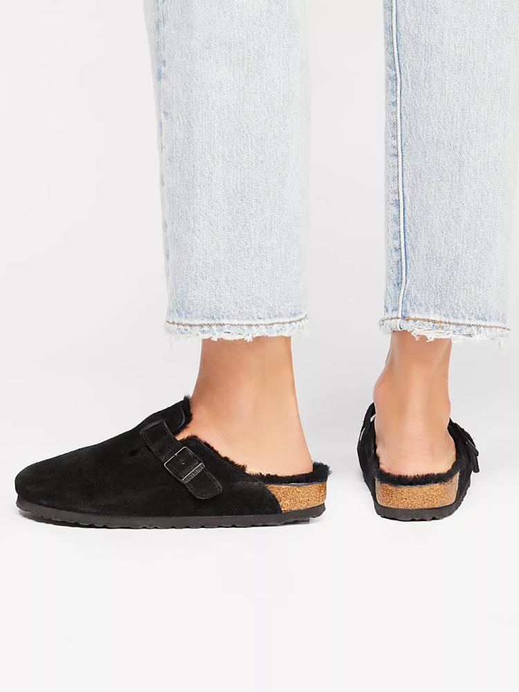 Faux Suede Buckle Fluffy Flat Mules Faux Shearling Lined Open-Back Comfy Cork Clogs