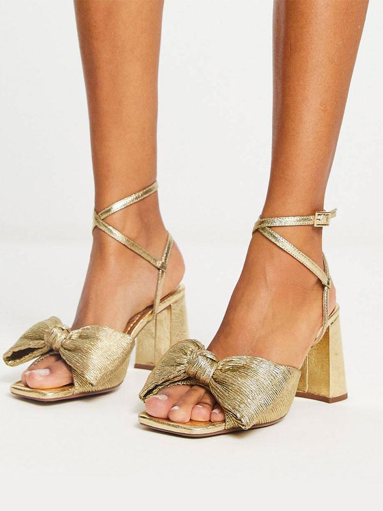 Metallic Pleated Bow Square Toe Chunky Heeled Sandals With Buckle Ankle Wrap Strap