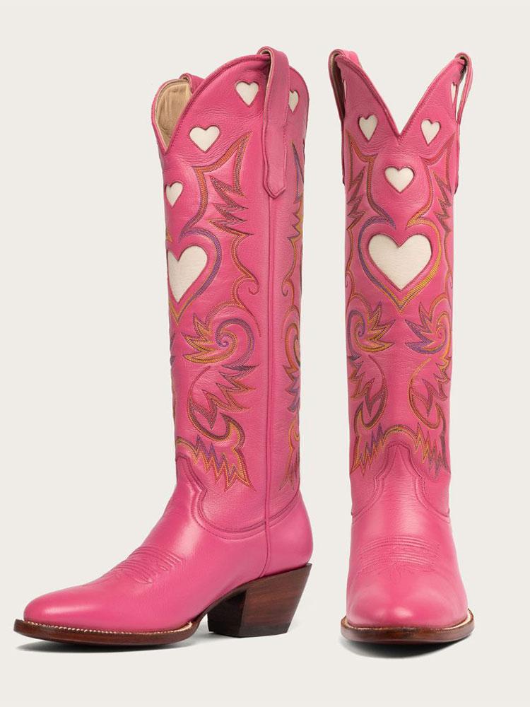 Pink Embroidered Inlay Heart Wide Calf Knee High Boots Round Toe Heeled Western Boots