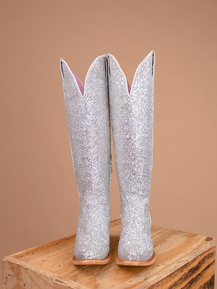 Glitter Snip Zipper Mid Calf Cowgirl Boots - Silver & Light Pink