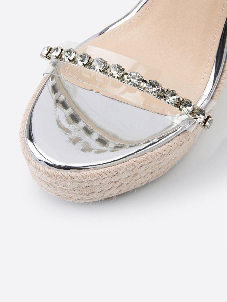 Clear Two Bands With Rhinestones Open-toe Slip-on Espadrille Wedge Sandals