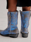 Blue Distress Lightning Embroidered Snip Wide Mid Calf Cowgirl Genuine Leather Boots