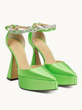 Green Silk Rhinestone Bow Chain Pointy Platform Pumps With Ankle Strap Flared Heel