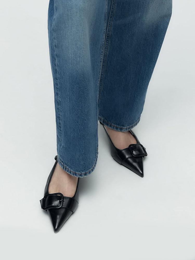 Black Oil Wax Buckle Pointy Kitten Slingback Pumps