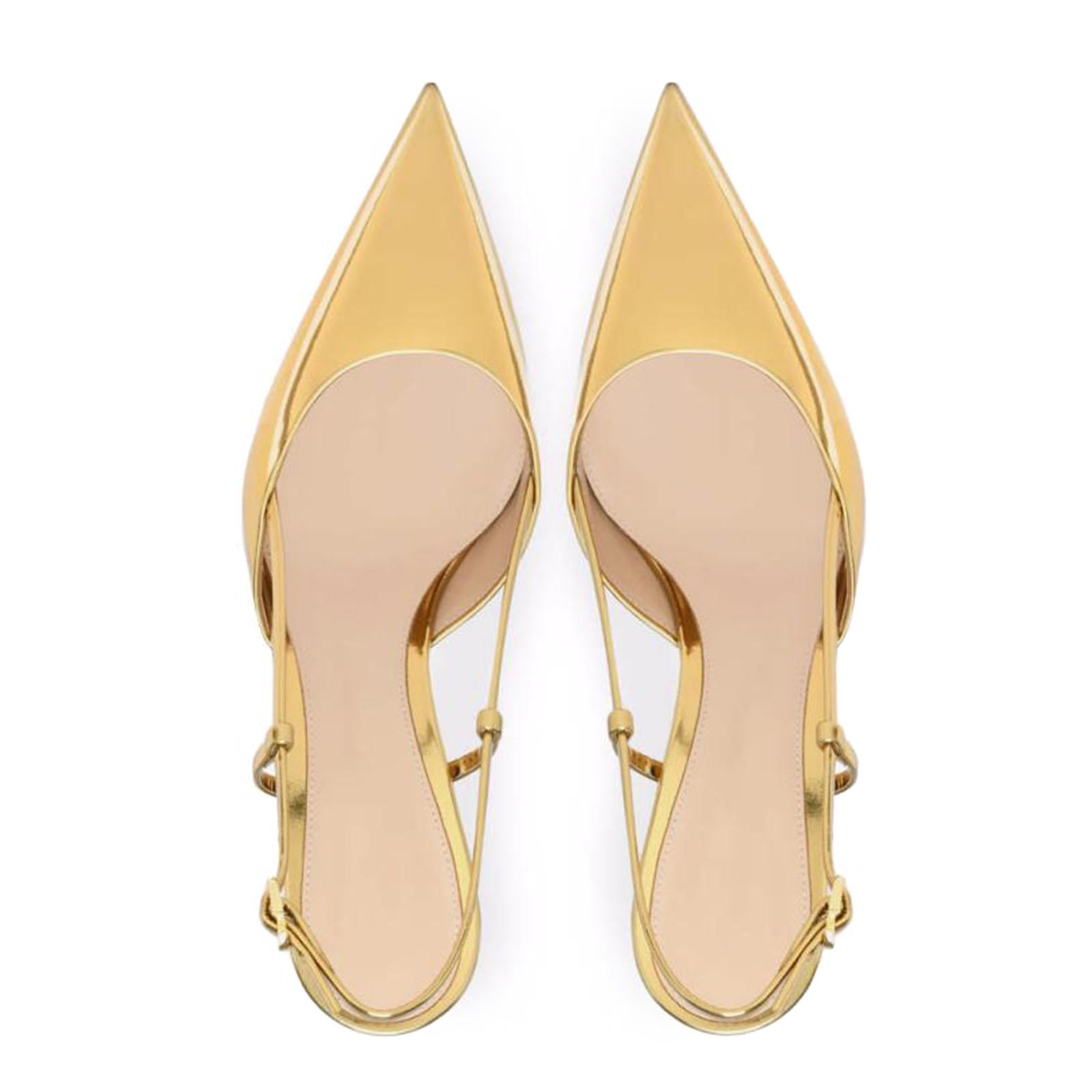 Gold Slingback Flared Heel Pumps Metal Ribbon Buckle Women Pumps