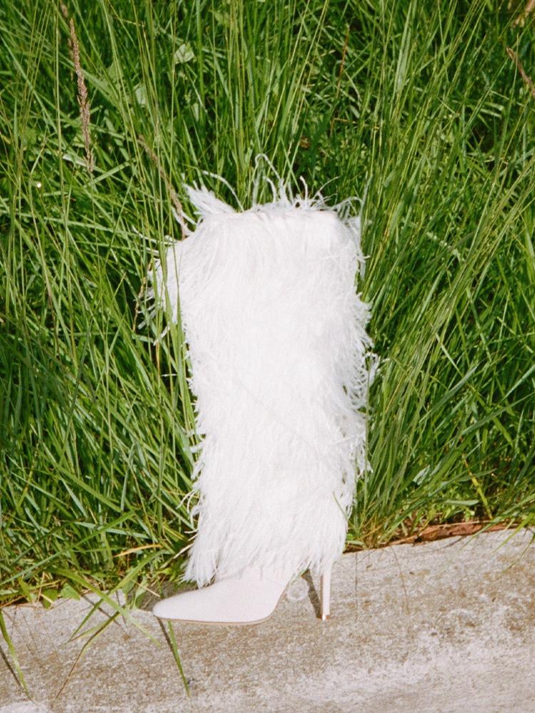 Fluffy Feather Faux Suede Zip Pointy Stiletto Heeled Mid Calf Boots - White & Black