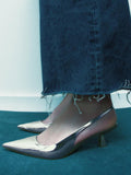 Metallic Silver Pointy Kitten Slingback Pumps For Women