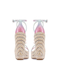 Metallic Gradient Multi Bands Open-toe Rhinestone Espadrille Wedge Sandals With Buckle Ankle Wrap