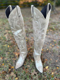 Metallic Silver Embroidered Pointy Zipper Knee High Western Boots