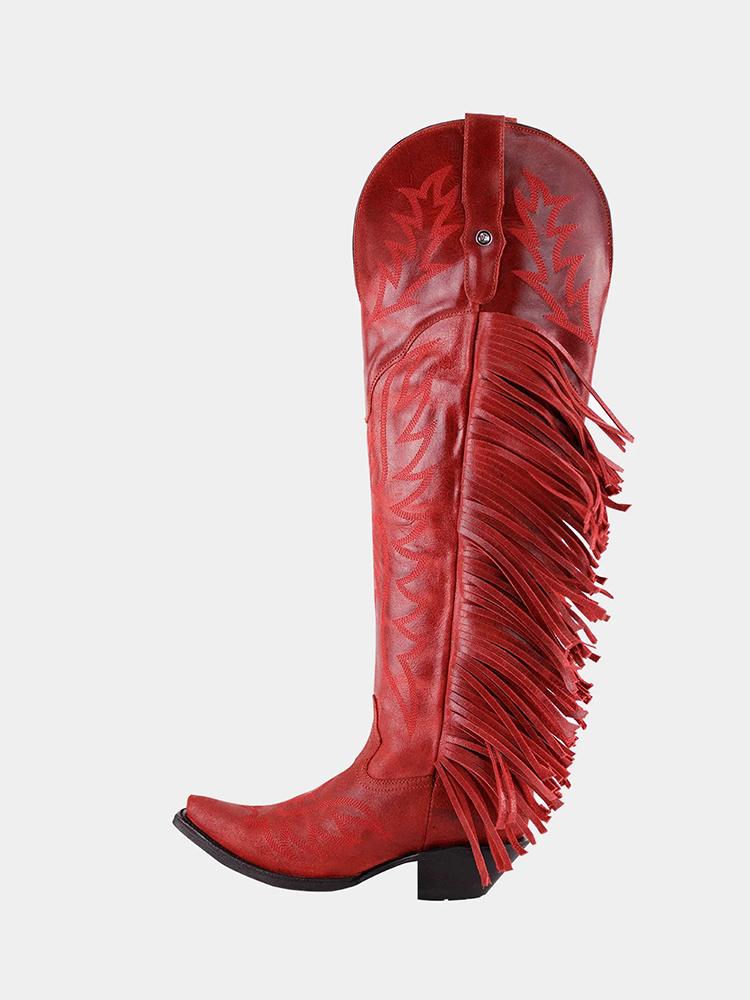 Red Fringe Embroidered Snip Zipper Knee High Cowgirl Boots