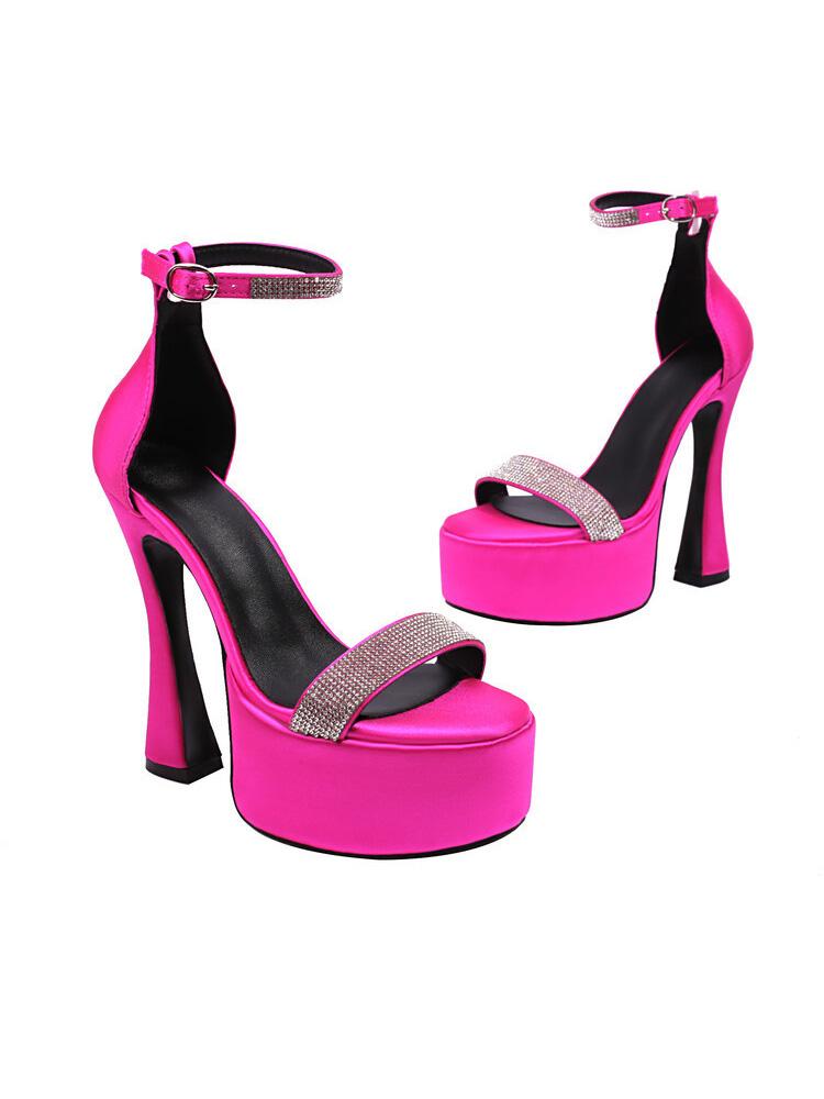Single Band With Rhinestone Round-toe Flared Heel Platform Sandals With Ankle Strap