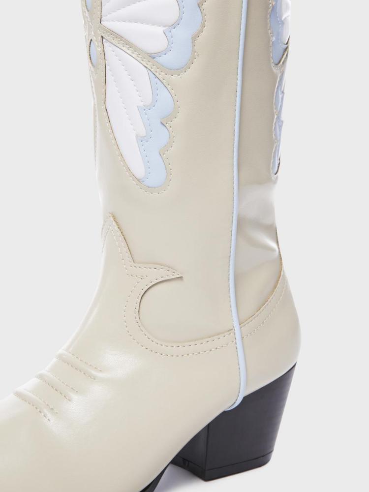 Contrast Butterfly Wing Inlay Stitch Pointed Toe Wide Mid Calf Cowgirl Tall Boots