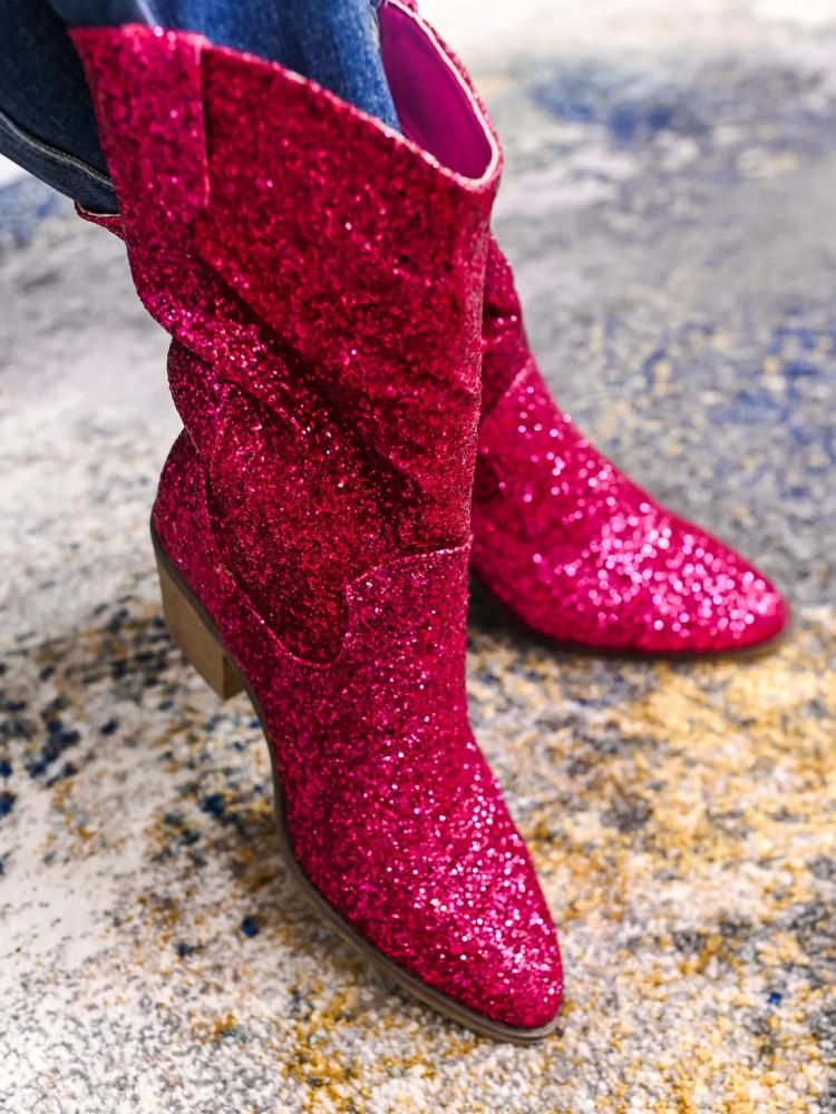 Glitter Round Toe Slanted Heel Western Cowgirl Wide Mid Calf Boots