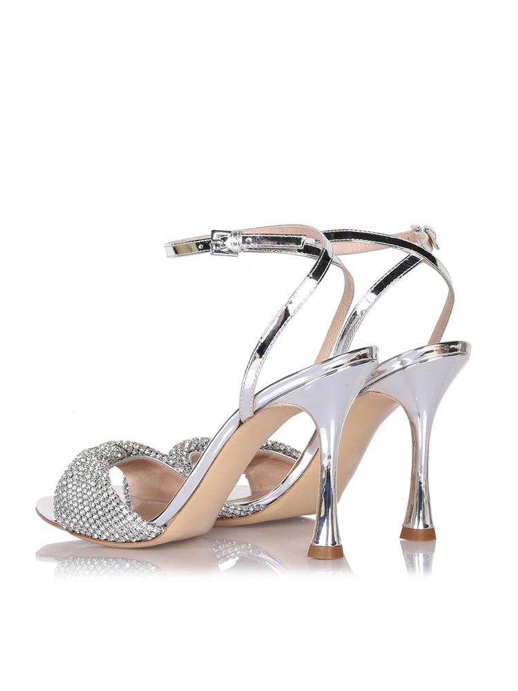 Metallic Silver Rhinestone Twist Strap Flared Heel Dress Sandals With Buckle Ankle Strap