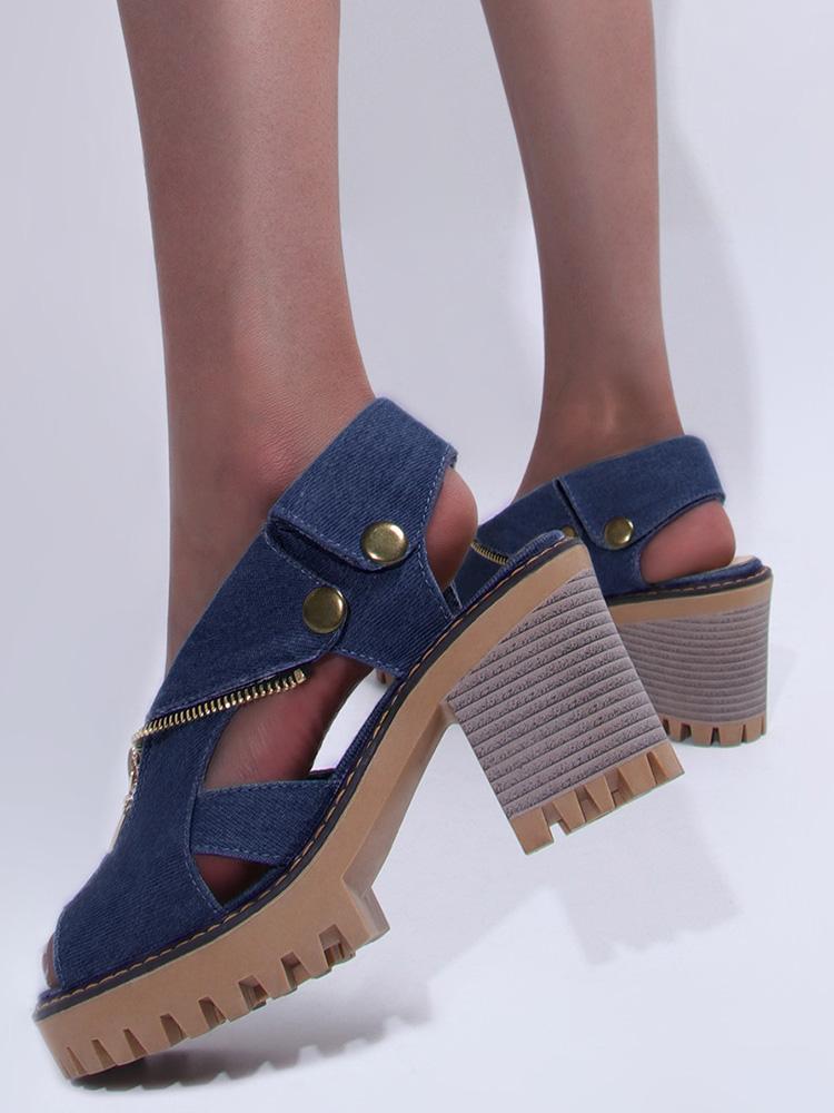 Denim Peep-toe Zip Thick Bottom Chunky High Heel Sandals With Buckles