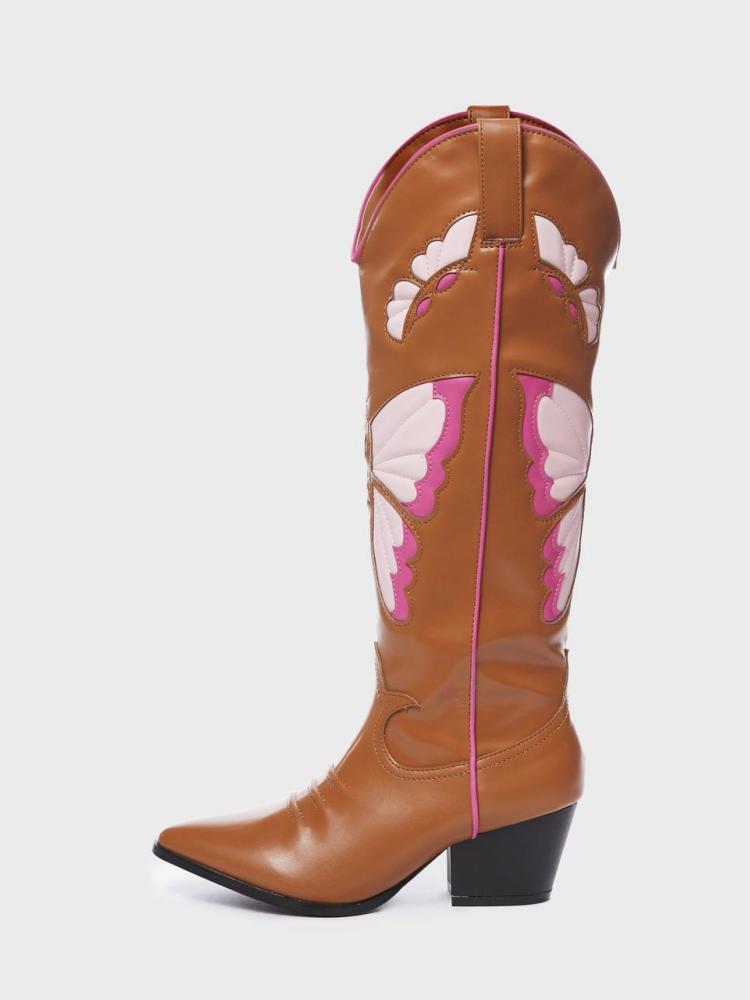 Contrast Butterfly Wing Inlay Stitch Pointed Toe Wide Mid Calf Cowgirl Tall Boots