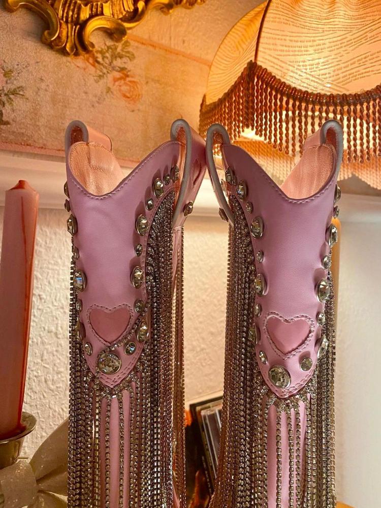 Pink Sparkly Rhinestone Fringe Cute Boots Heart Stitch Zip Pointy Mid-Calf Cowgirl Tall Boots