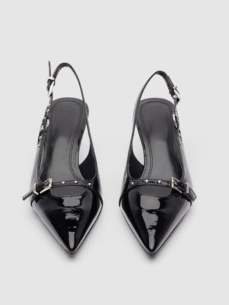 Black Patent Stud Buckled Slingback Pointy Kitten Pumps